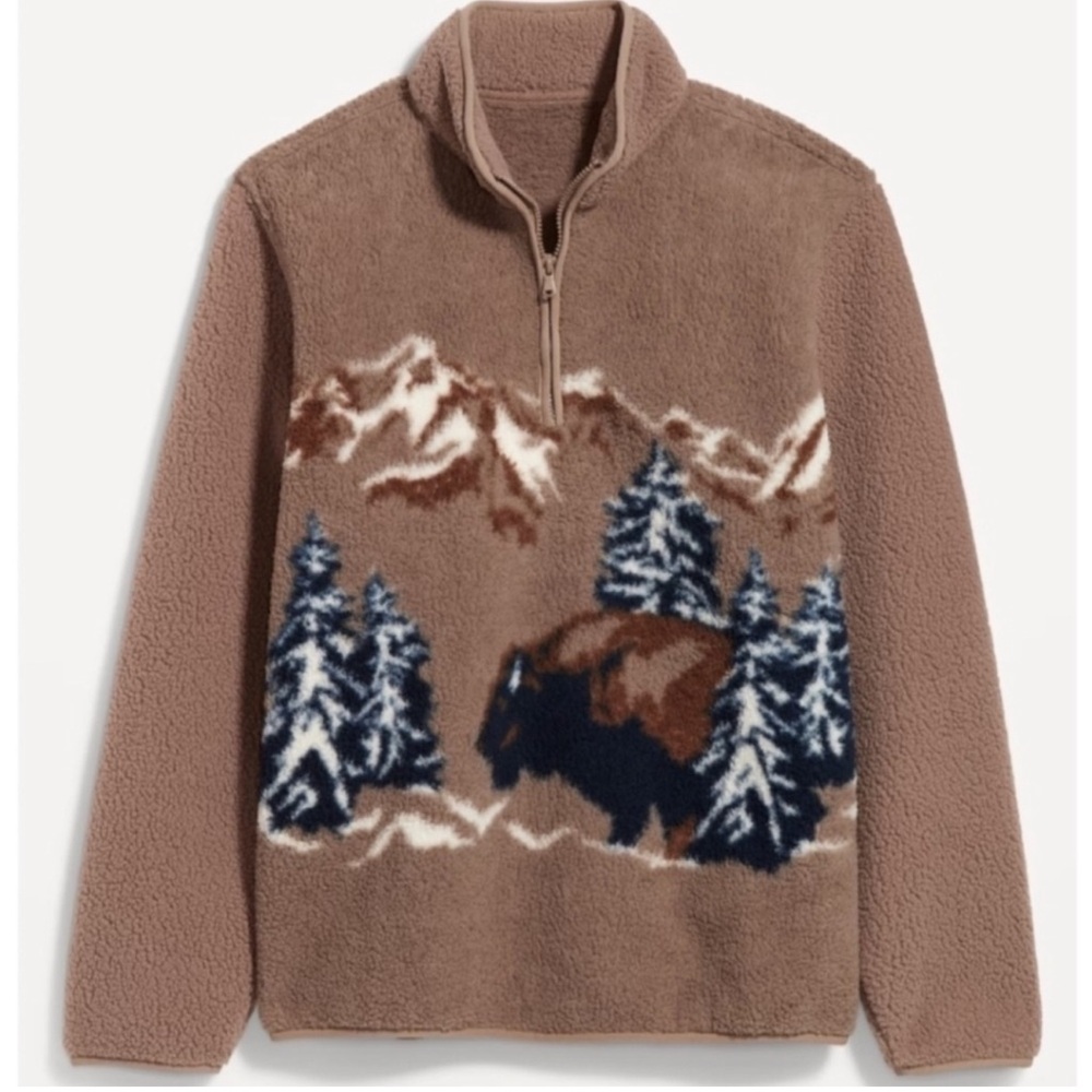 NWT Men's Old Navy Bison Buffalo Sherpa Fleece Quarter Zip Sweater